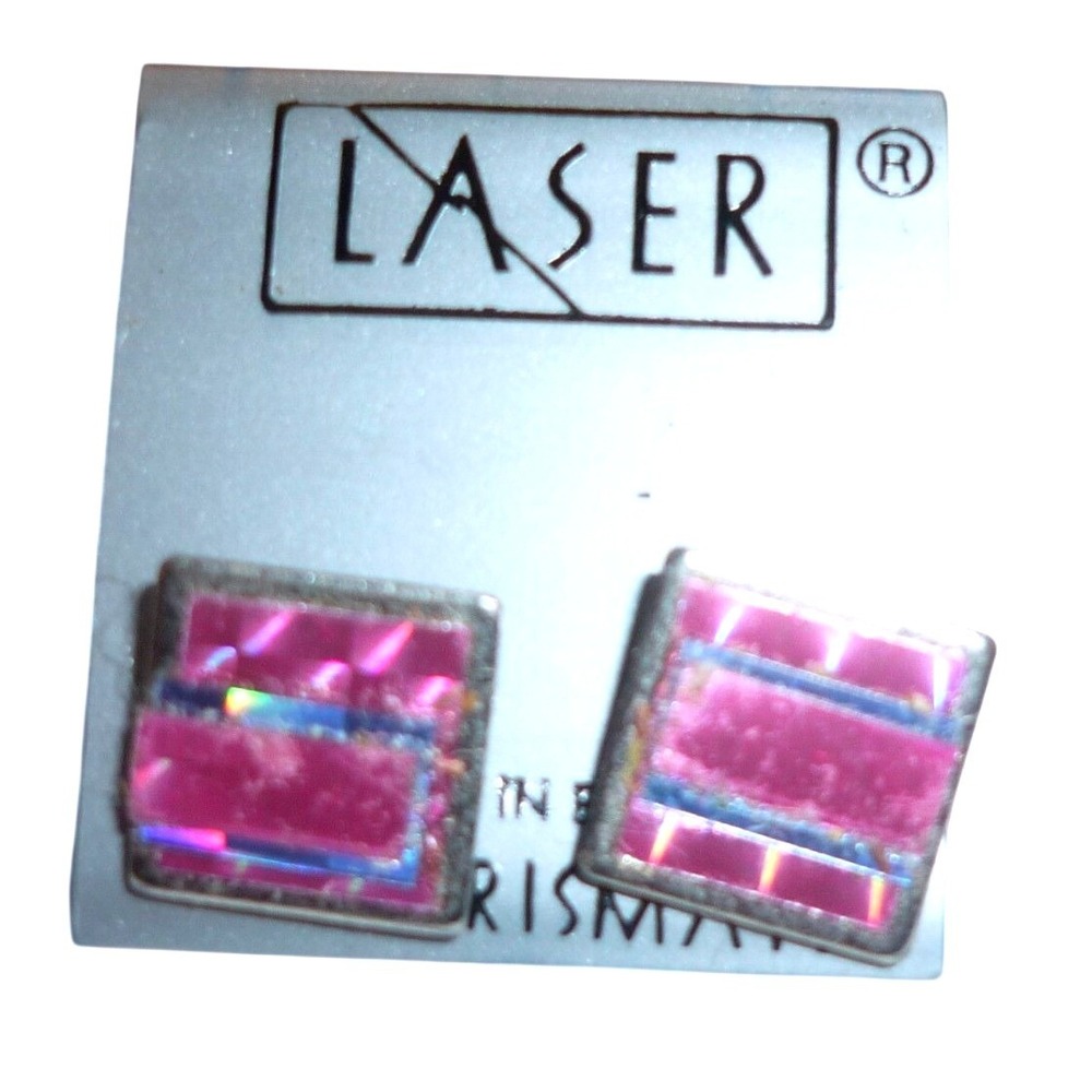 Vintage NOS Laser Prismatic UK Pink Holographic Square Stud‎ Earrings